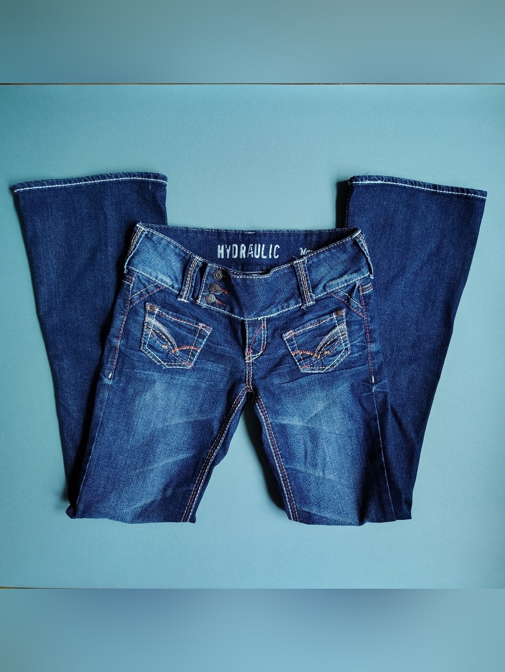 Y2K Vintage Hydraulic Denim Jeans Flare Ultra Low Rise Patch Pockets Sz 28" 6/7